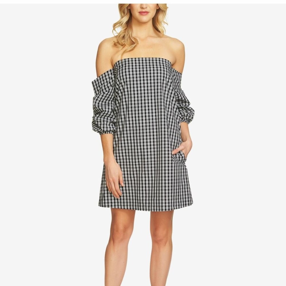 1.STATE Off The Shoulder Gingham Cascade Dress
